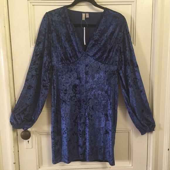 ASOS size 8 blue velvety mini dress stretch long puff sleeve NWT - Picture 3 of 17